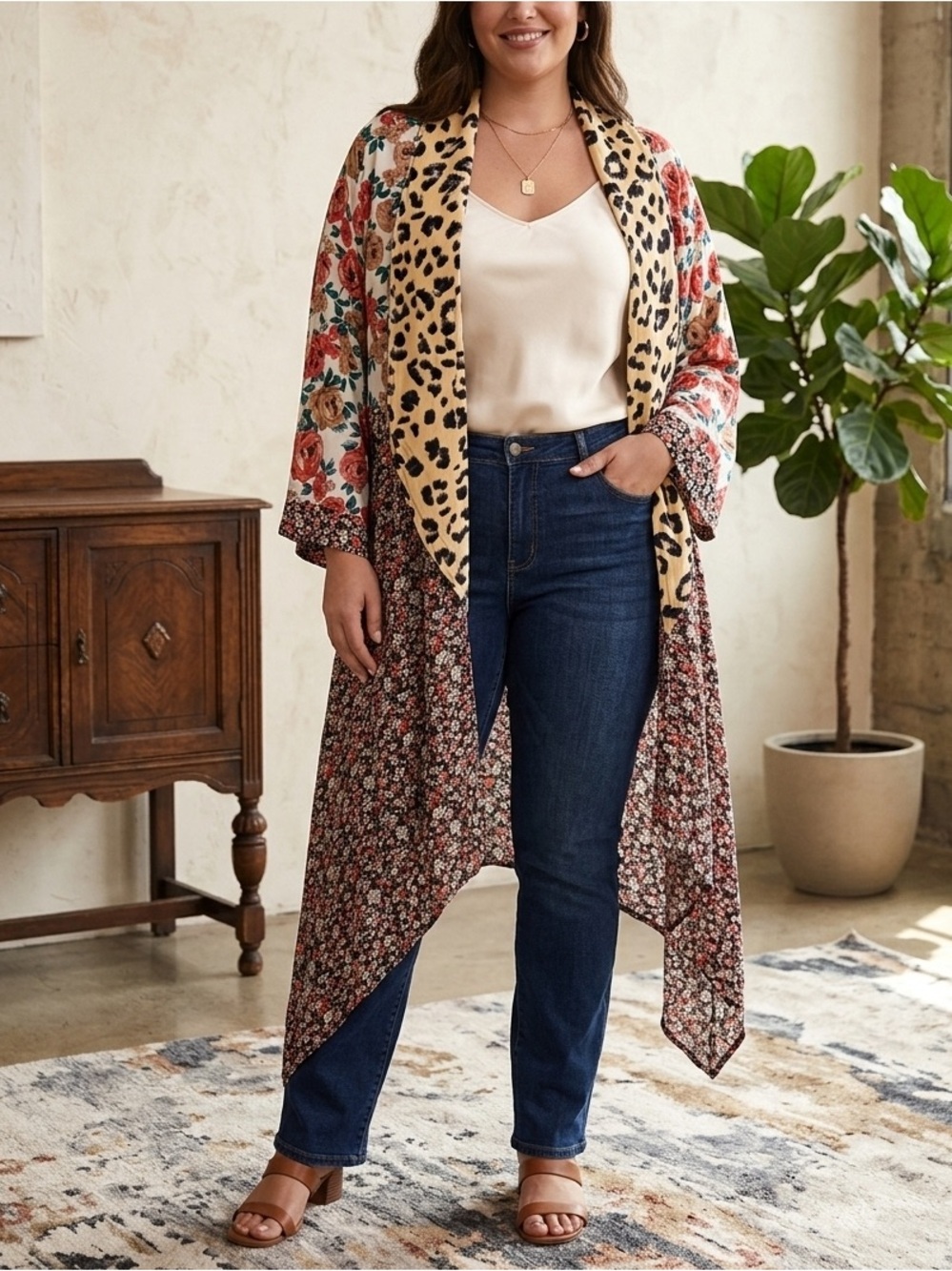 Umgee Floral & Leopard Print Duster Trench Coat - Cream, Brown, Black, Red